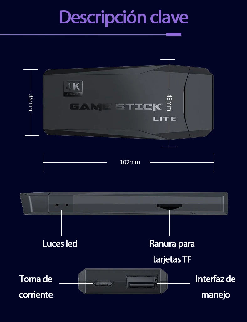 Consola con 9 Emuladores Gaming Stick Lite 4K con 2 Mandos y 64GB