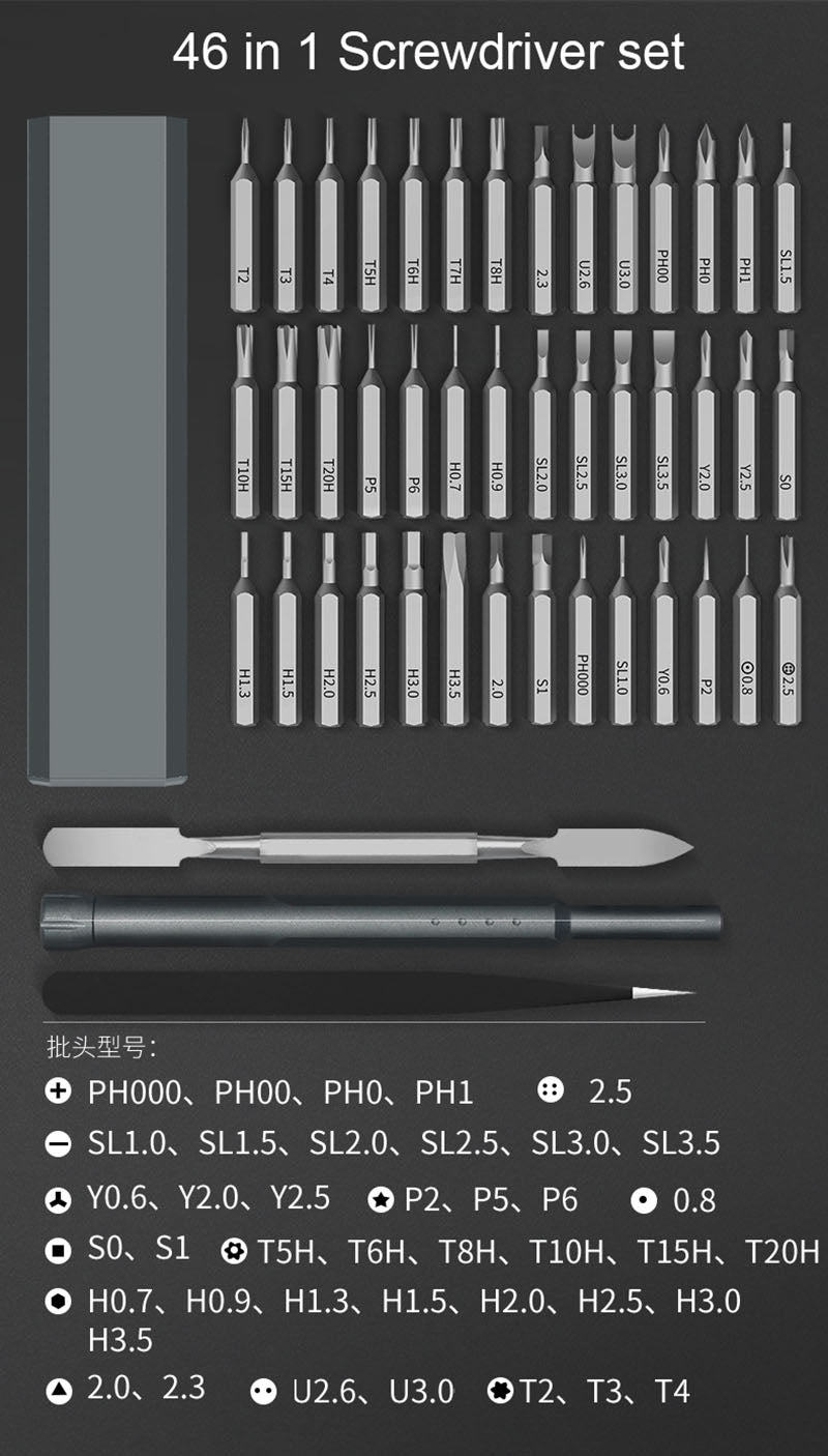 Kit de Herramientas Portable 46Pcs para Reparación Consolas, Mandos, Teléfonos