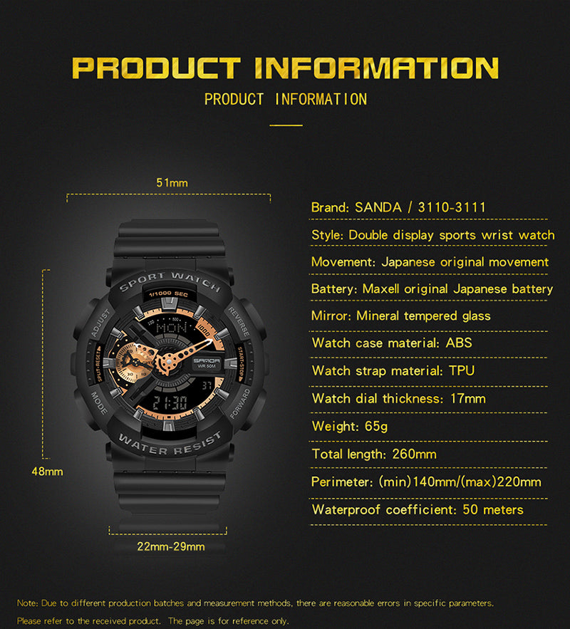 Reloj Sanda 3110 Digital y Analógico Deportivo (ANTI-SHOCK) 5ATM Sumergible 50M