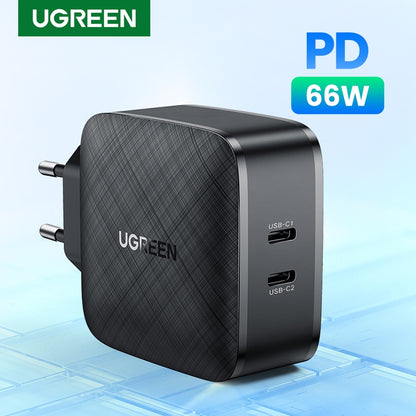 Cargador UGREEN 66W con 2 Conectores Tipo C Carga Super Rápida (Pixel,Apple,Samsung)